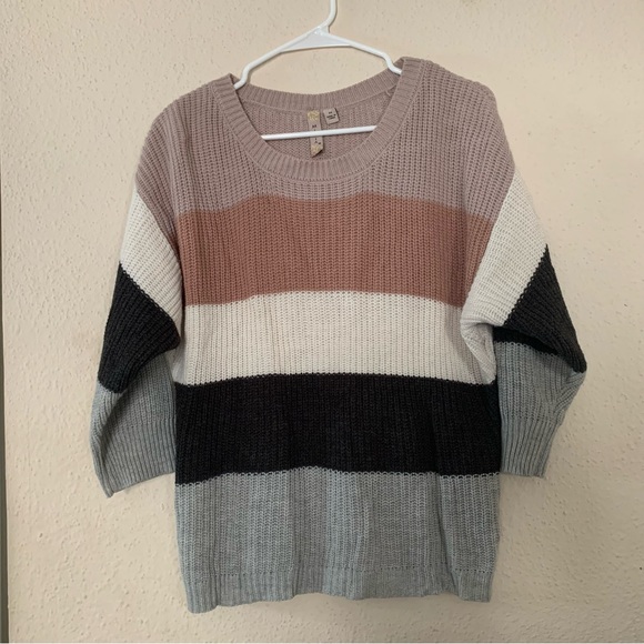 MISIA Striped Color Block Knit Sweater Womens Size M Gray Pink Button Back - Picture 2 of 11
